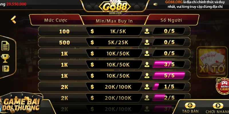 Bàn game bài đổi thưởng với các mốc cược
