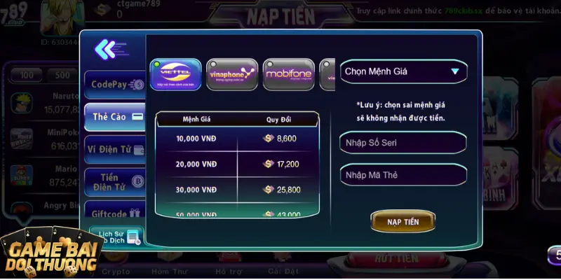 Nạp tiền để trải nghiệm game đổi thưởng Phỏm 789Club