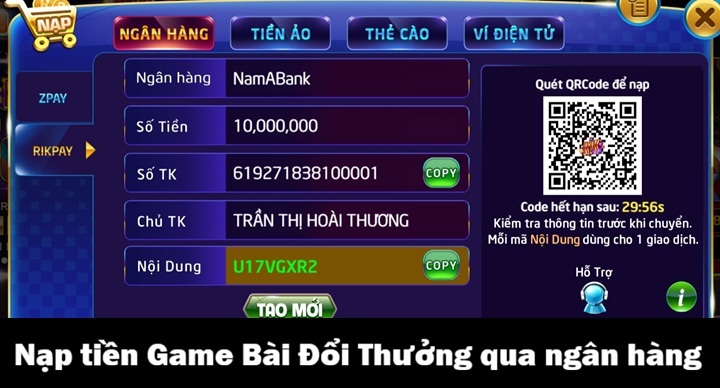 Hướng dẫn nạp tiền Game Bài Đổi Thưởng 